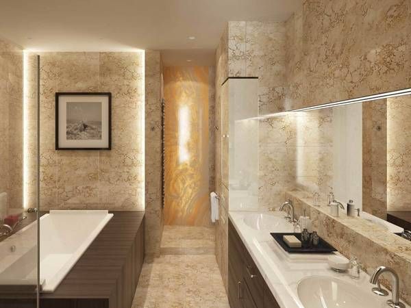 Modern bathroom with stone and warm LED lighting